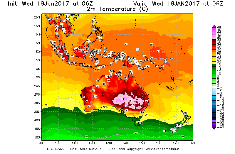 Mappa di analisi GFS - Temperatura a 2 metri dal suolo [°C] in Oceania
							del 18/01/2017 06 <!--googleoff: index-->UTC<!--googleon: index-->