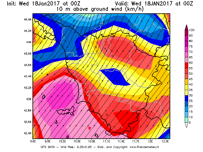Mappa di analisi GFS - Velocità del vento a 10 metri dal suolo [km/h] in Toscana
							del 18/01/2017 00 <!--googleoff: index-->UTC<!--googleon: index-->