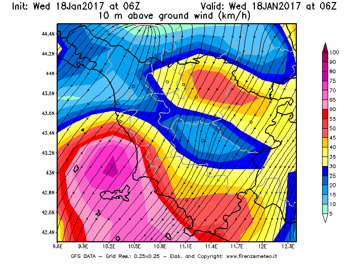 Mappa di analisi GFS - Velocità del vento a 10 metri dal suolo [km/h] in Toscana
							del 18/01/2017 06 <!--googleoff: index-->UTC<!--googleon: index-->