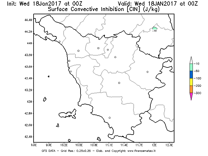 Mappa di analisi GFS - CIN [J/kg] in Toscana
							del 18/01/2017 00 <!--googleoff: index-->UTC<!--googleon: index-->