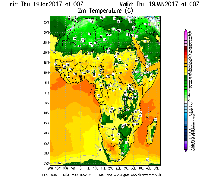 Mappa di analisi GFS - Temperatura a 2 metri dal suolo [°C] in Africa
							del 19/01/2017 00 <!--googleoff: index-->UTC<!--googleon: index-->
