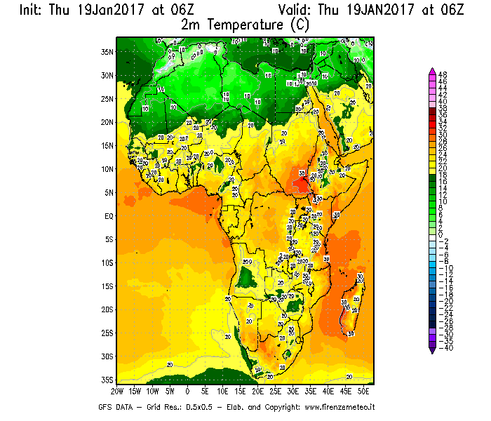 Mappa di analisi GFS - Temperatura a 2 metri dal suolo [°C] in Africa
							del 19/01/2017 06 <!--googleoff: index-->UTC<!--googleon: index-->