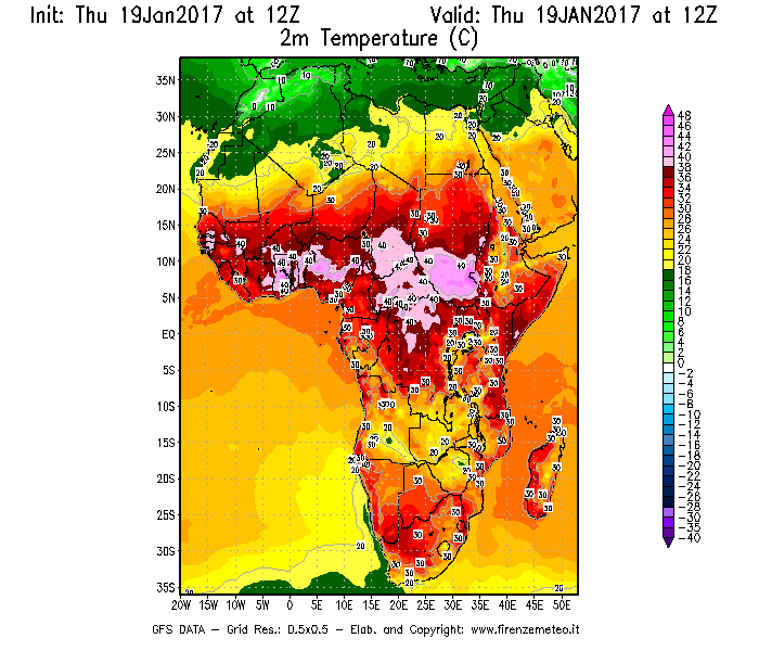 Mappa di analisi GFS - Temperatura a 2 metri dal suolo [°C] in Africa
							del 19/01/2017 12 <!--googleoff: index-->UTC<!--googleon: index-->