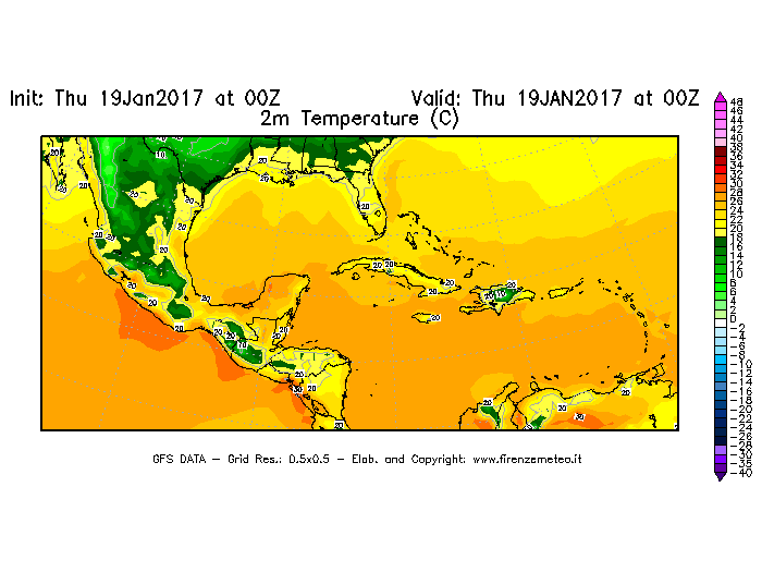 Mappa di analisi GFS - Temperatura a 2 metri dal suolo [°C] in Centro-America
							del 19/01/2017 00 <!--googleoff: index-->UTC<!--googleon: index-->