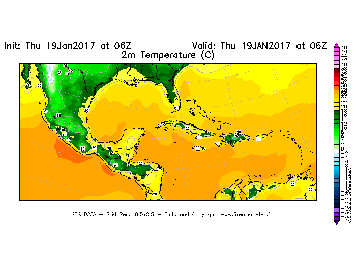 Mappa di analisi GFS - Temperatura a 2 metri dal suolo [°C] in Centro-America
							del 19/01/2017 06 <!--googleoff: index-->UTC<!--googleon: index-->