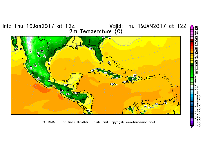 Mappa di analisi GFS - Temperatura a 2 metri dal suolo [°C] in Centro-America
							del 19/01/2017 12 <!--googleoff: index-->UTC<!--googleon: index-->