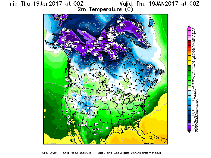 Mappa di analisi GFS - Temperatura a 2 metri dal suolo [°C] in Nord-America
							del 19/01/2017 00 <!--googleoff: index-->UTC<!--googleon: index-->
