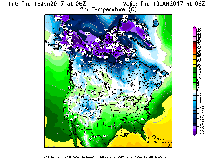 Mappa di analisi GFS - Temperatura a 2 metri dal suolo [°C] in Nord-America
							del 19/01/2017 06 <!--googleoff: index-->UTC<!--googleon: index-->