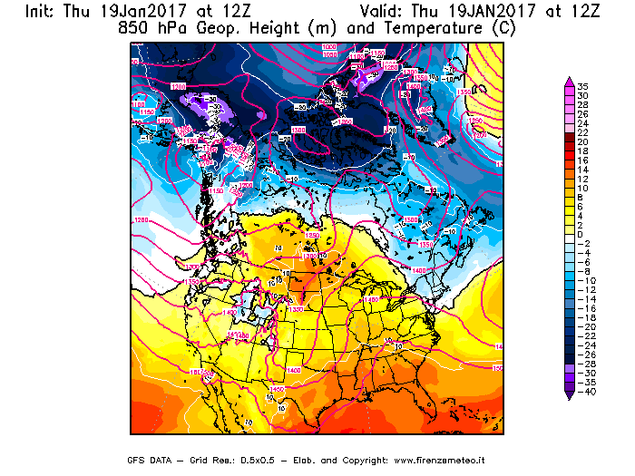 Mappa di analisi GFS - Geopotenziale [m] e Temperatura [°C] a 850 hPa in Nord-America
							del 19/01/2017 12 <!--googleoff: index-->UTC<!--googleon: index-->