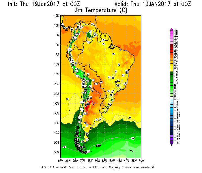 Mappa di analisi GFS - Temperatura a 2 metri dal suolo [°C] in Sud-America
							del 19/01/2017 00 <!--googleoff: index-->UTC<!--googleon: index-->