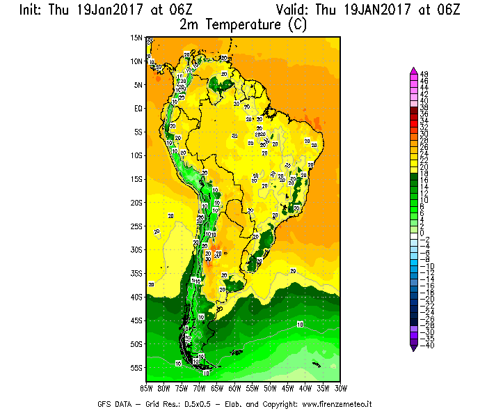 Mappa di analisi GFS - Temperatura a 2 metri dal suolo [°C] in Sud-America
							del 19/01/2017 06 <!--googleoff: index-->UTC<!--googleon: index-->