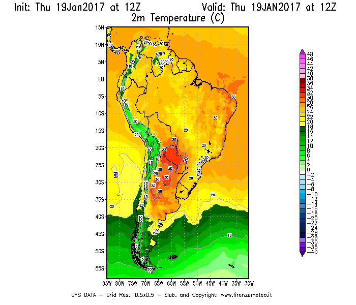 Mappa di analisi GFS - Temperatura a 2 metri dal suolo [°C] in Sud-America
							del 19/01/2017 12 <!--googleoff: index-->UTC<!--googleon: index-->