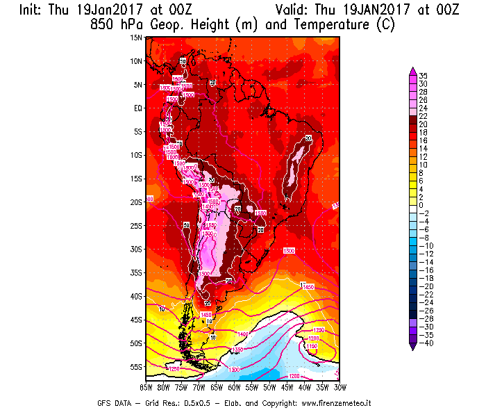 Mappa di analisi GFS - Geopotenziale [m] e Temperatura [°C] a 850 hPa in Sud-America
							del 19/01/2017 00 <!--googleoff: index-->UTC<!--googleon: index-->