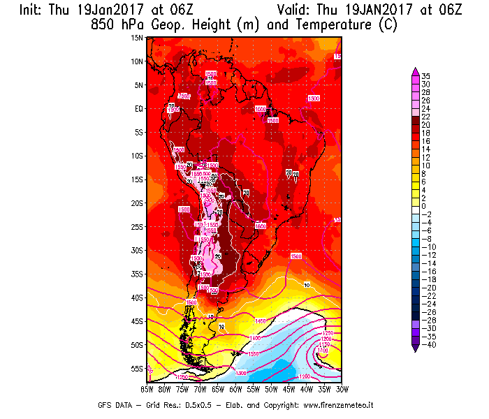Mappa di analisi GFS - Geopotenziale [m] e Temperatura [°C] a 850 hPa in Sud-America
							del 19/01/2017 06 <!--googleoff: index-->UTC<!--googleon: index-->