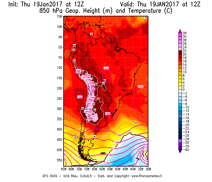 Mappa di analisi GFS - Geopotenziale [m] e Temperatura [°C] a 850 hPa in Sud-America
							del 19/01/2017 12 <!--googleoff: index-->UTC<!--googleon: index-->