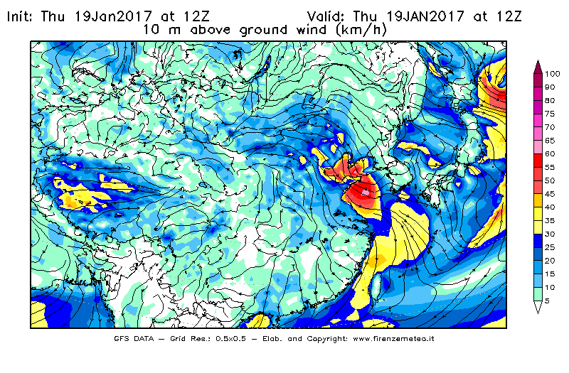 Mappa di analisi GFS - Velocità del vento a 10 metri dal suolo [km/h] in Asia Orientale
							del 19/01/2017 12 <!--googleoff: index-->UTC<!--googleon: index-->