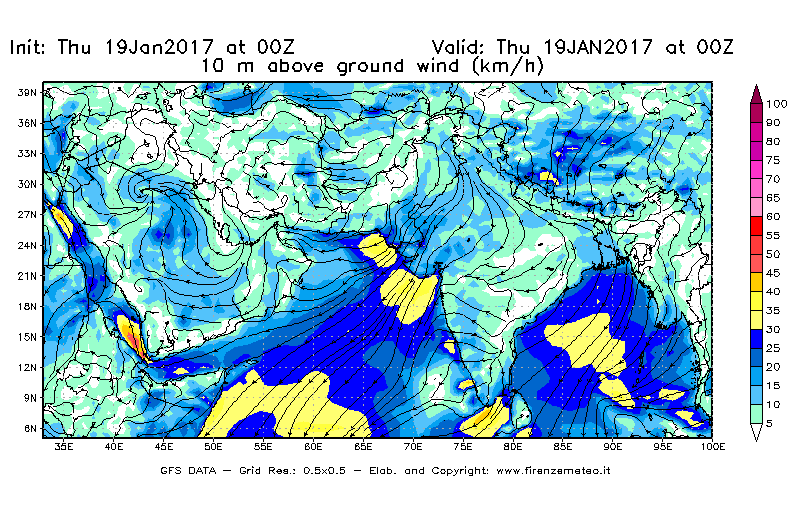 Mappa di analisi GFS - Velocità del vento a 10 metri dal suolo [km/h] in Asia Sud-Occidentale
							del 19/01/2017 00 <!--googleoff: index-->UTC<!--googleon: index-->