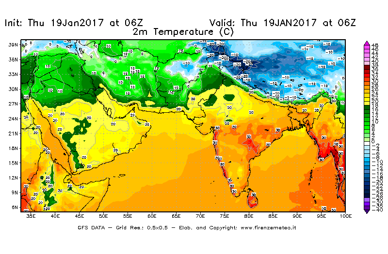 Mappa di analisi GFS - Temperatura a 2 metri dal suolo [°C] in Asia Sud-Occidentale
							del 19/01/2017 06 <!--googleoff: index-->UTC<!--googleon: index-->