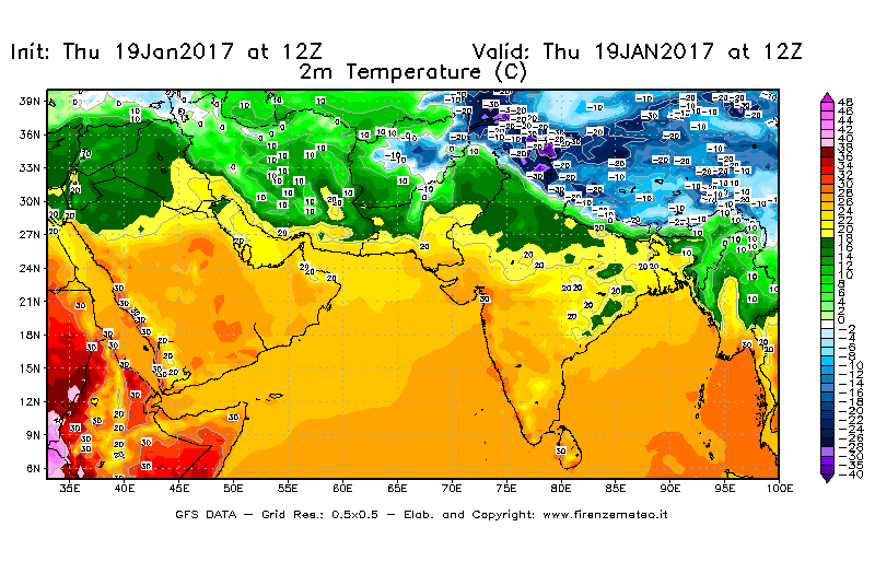Mappa di analisi GFS - Temperatura a 2 metri dal suolo [°C] in Asia Sud-Occidentale
							del 19/01/2017 12 <!--googleoff: index-->UTC<!--googleon: index-->