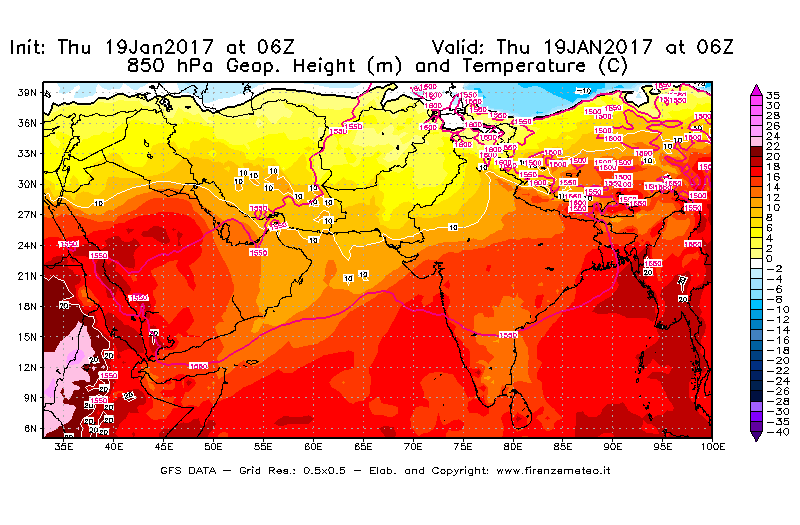 Mappa di analisi GFS - Geopotenziale [m] e Temperatura [°C] a 850 hPa in Asia Sud-Occidentale
							del 19/01/2017 06 <!--googleoff: index-->UTC<!--googleon: index-->