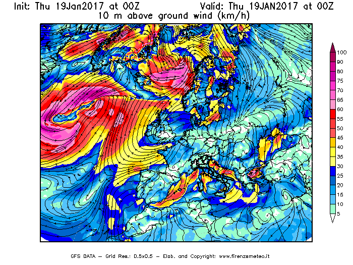 Mappa di analisi GFS - Velocità del vento a 10 metri dal suolo [km/h] in Europa
							del 19/01/2017 00 <!--googleoff: index-->UTC<!--googleon: index-->