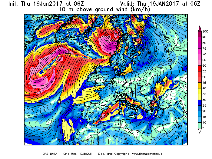 Mappa di analisi GFS - Velocità del vento a 10 metri dal suolo [km/h] in Europa
							del 19/01/2017 06 <!--googleoff: index-->UTC<!--googleon: index-->