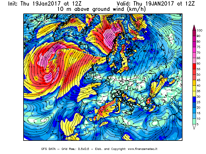 Mappa di analisi GFS - Velocità del vento a 10 metri dal suolo [km/h] in Europa
							del 19/01/2017 12 <!--googleoff: index-->UTC<!--googleon: index-->
