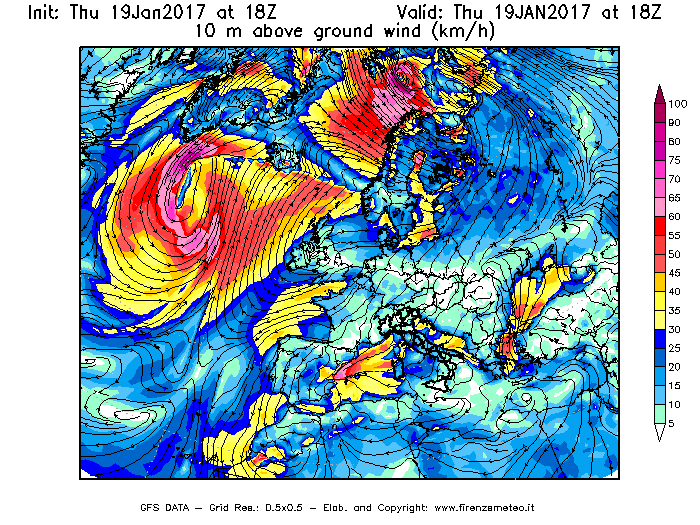 Mappa di analisi GFS - Velocità del vento a 10 metri dal suolo [km/h] in Europa
							del 19/01/2017 18 <!--googleoff: index-->UTC<!--googleon: index-->