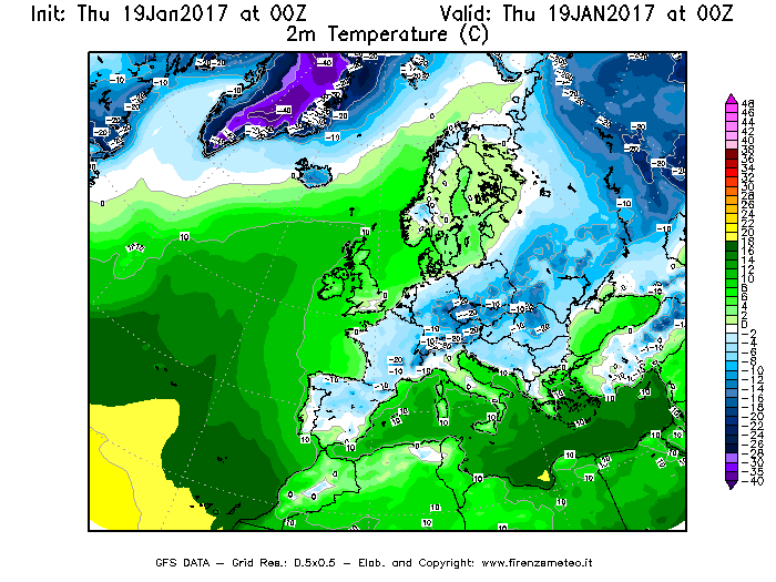 Mappa di analisi GFS - Temperatura a 2 metri dal suolo [°C] in Europa
							del 19/01/2017 00 <!--googleoff: index-->UTC<!--googleon: index-->