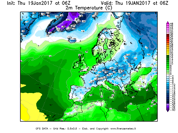 Mappa di analisi GFS - Temperatura a 2 metri dal suolo [°C] in Europa
							del 19/01/2017 06 <!--googleoff: index-->UTC<!--googleon: index-->