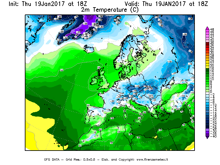 Mappa di analisi GFS - Temperatura a 2 metri dal suolo [°C] in Europa
							del 19/01/2017 18 <!--googleoff: index-->UTC<!--googleon: index-->