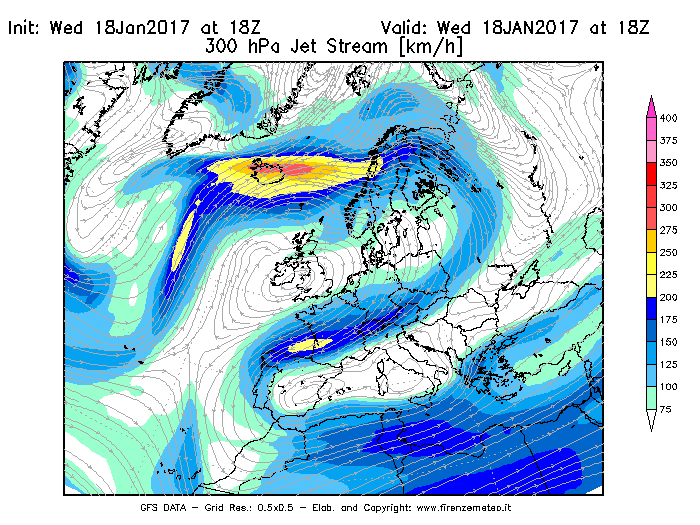 Mappa di analisi GFS - Jet Stream a 300 hPa in Europa
							del 19/01/2017 18 <!--googleoff: index-->UTC<!--googleon: index-->