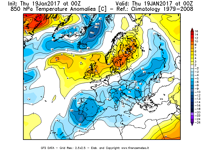 Mappa di analisi GFS - Anomalia Temperatura [°C] a 850 hPa in Europa
							del 19/01/2017 00 <!--googleoff: index-->UTC<!--googleon: index-->