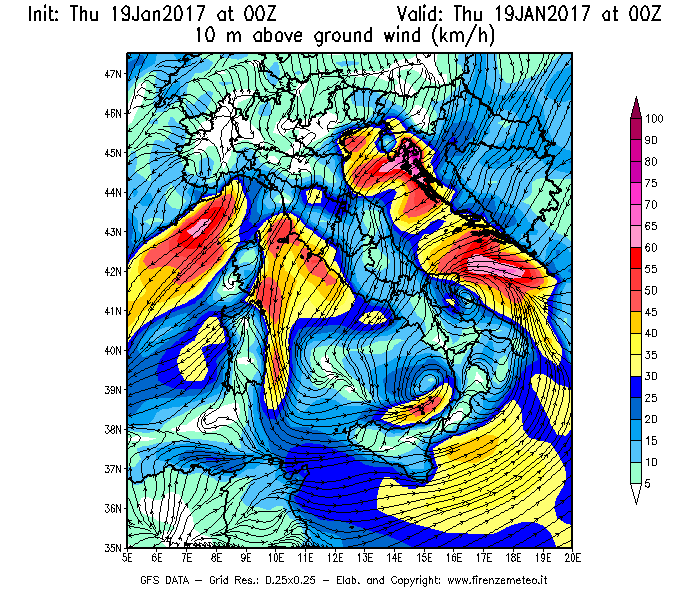 Mappa di analisi GFS - Velocità del vento a 10 metri dal suolo [km/h] in Italia
							del 19/01/2017 00 <!--googleoff: index-->UTC<!--googleon: index-->