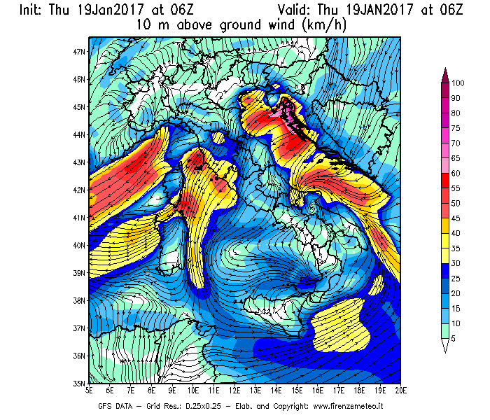 Mappa di analisi GFS - Velocità del vento a 10 metri dal suolo [km/h] in Italia
							del 19/01/2017 06 <!--googleoff: index-->UTC<!--googleon: index-->