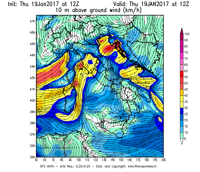 Mappa di analisi GFS - Velocità del vento a 10 metri dal suolo [km/h] in Italia
							del 19/01/2017 12 <!--googleoff: index-->UTC<!--googleon: index-->