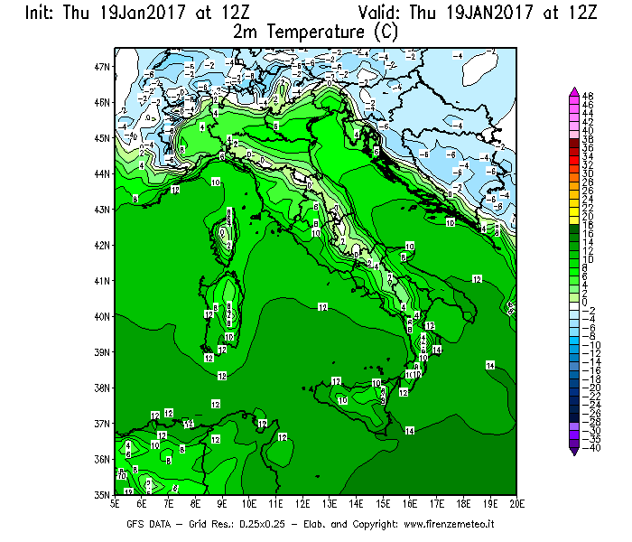 Mappa di analisi GFS - Temperatura a 2 metri dal suolo [°C] in Italia
							del 19/01/2017 12 <!--googleoff: index-->UTC<!--googleon: index-->