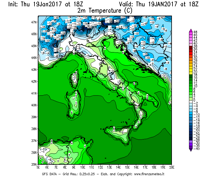 Mappa di analisi GFS - Temperatura a 2 metri dal suolo [°C] in Italia
							del 19/01/2017 18 <!--googleoff: index-->UTC<!--googleon: index-->