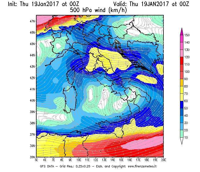Mappa di analisi GFS - Velocità del vento a 500 hPa [km/h] in Italia
							del 19/01/2017 00 <!--googleoff: index-->UTC<!--googleon: index-->
