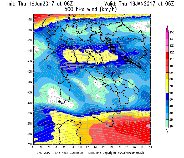Mappa di analisi GFS - Velocità del vento a 500 hPa [km/h] in Italia
							del 19/01/2017 06 <!--googleoff: index-->UTC<!--googleon: index-->