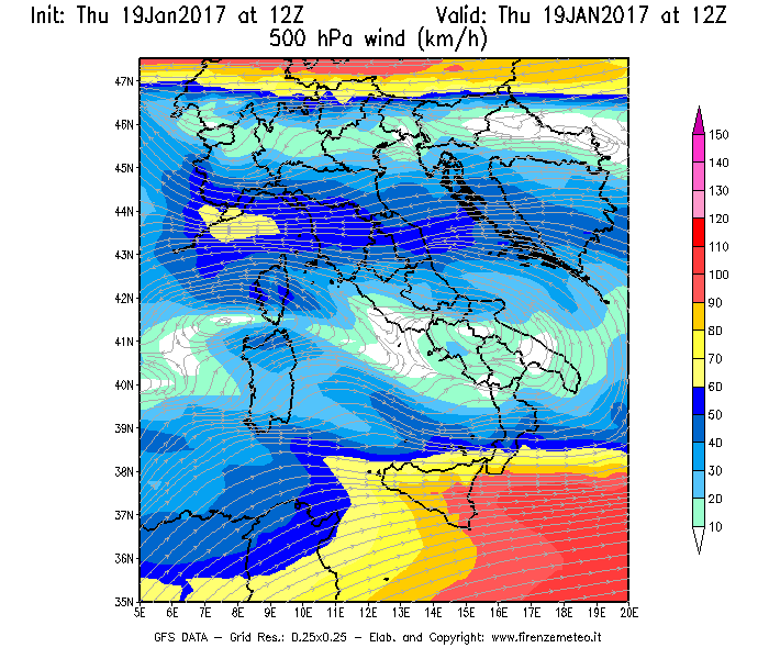 Mappa di analisi GFS - Velocità del vento a 500 hPa [km/h] in Italia
							del 19/01/2017 12 <!--googleoff: index-->UTC<!--googleon: index-->