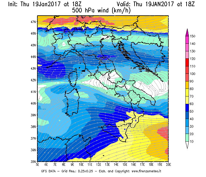 Mappa di analisi GFS - Velocità del vento a 500 hPa [km/h] in Italia
							del 19/01/2017 18 <!--googleoff: index-->UTC<!--googleon: index-->