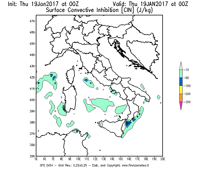 Mappa di analisi GFS - CIN [J/kg] in Italia
							del 19/01/2017 00 <!--googleoff: index-->UTC<!--googleon: index-->