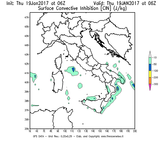 Mappa di analisi GFS - CIN [J/kg] in Italia
							del 19/01/2017 06 <!--googleoff: index-->UTC<!--googleon: index-->