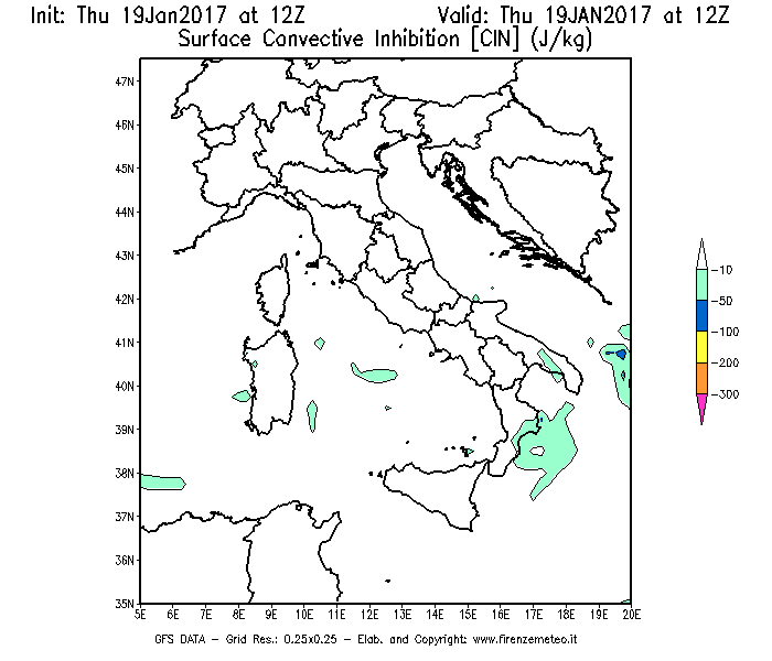 Mappa di analisi GFS - CIN [J/kg] in Italia
							del 19/01/2017 12 <!--googleoff: index-->UTC<!--googleon: index-->