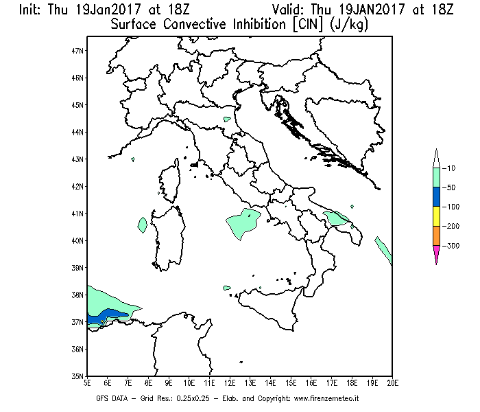 Mappa di analisi GFS - CIN [J/kg] in Italia
							del 19/01/2017 18 <!--googleoff: index-->UTC<!--googleon: index-->