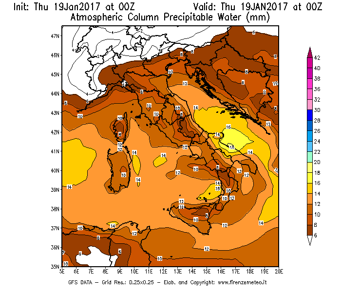 Mappa di analisi GFS - Precipitable Water [mm] in Italia
							del 19/01/2017 00 <!--googleoff: index-->UTC<!--googleon: index-->