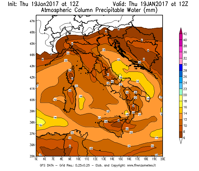 Mappa di analisi GFS - Precipitable Water [mm] in Italia
							del 19/01/2017 12 <!--googleoff: index-->UTC<!--googleon: index-->