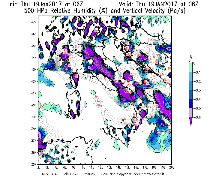 Mappa di analisi GFS - Umidità relativa [%] e Omega [Pa/s] a 500 hPa in Italia
							del 19/01/2017 06 <!--googleoff: index-->UTC<!--googleon: index-->
