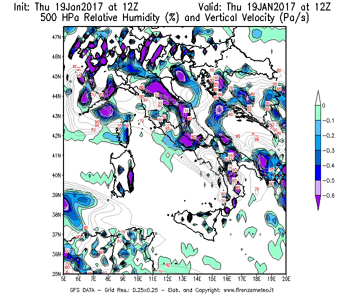 Mappa di analisi GFS - Umidità relativa [%] e Omega [Pa/s] a 500 hPa in Italia
							del 19/01/2017 12 <!--googleoff: index-->UTC<!--googleon: index-->
